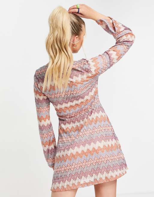 ASOS DESIGN scoop neck long sleeve mini dress in crochet tonal brown zig zag, 4 of 4
