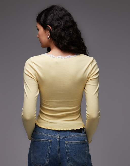 ASOS DESIGN scoop neck long sleeve top with contrast lace in butter milk, 3 of 4