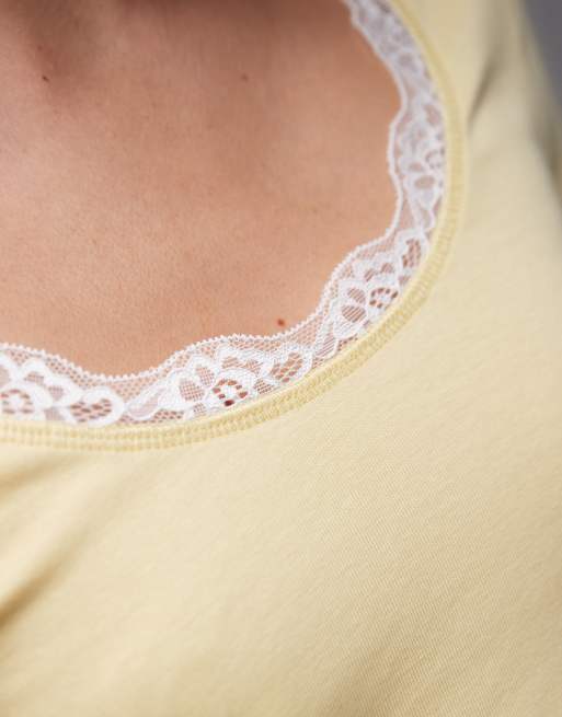ASOS DESIGN scoop neck long sleeve top with contrast lace in butter milk, 4 of 4