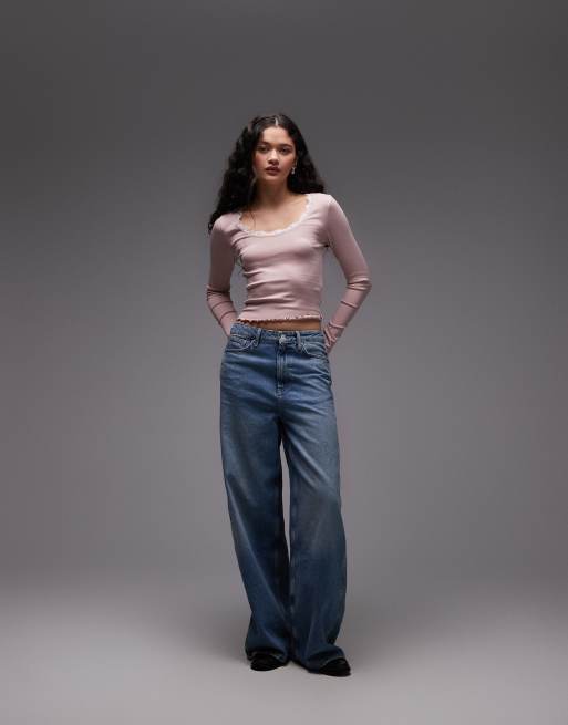 ASOS DESIGN scoop neck long sleeve top with contrast lace in dusty pink, 2 of 4