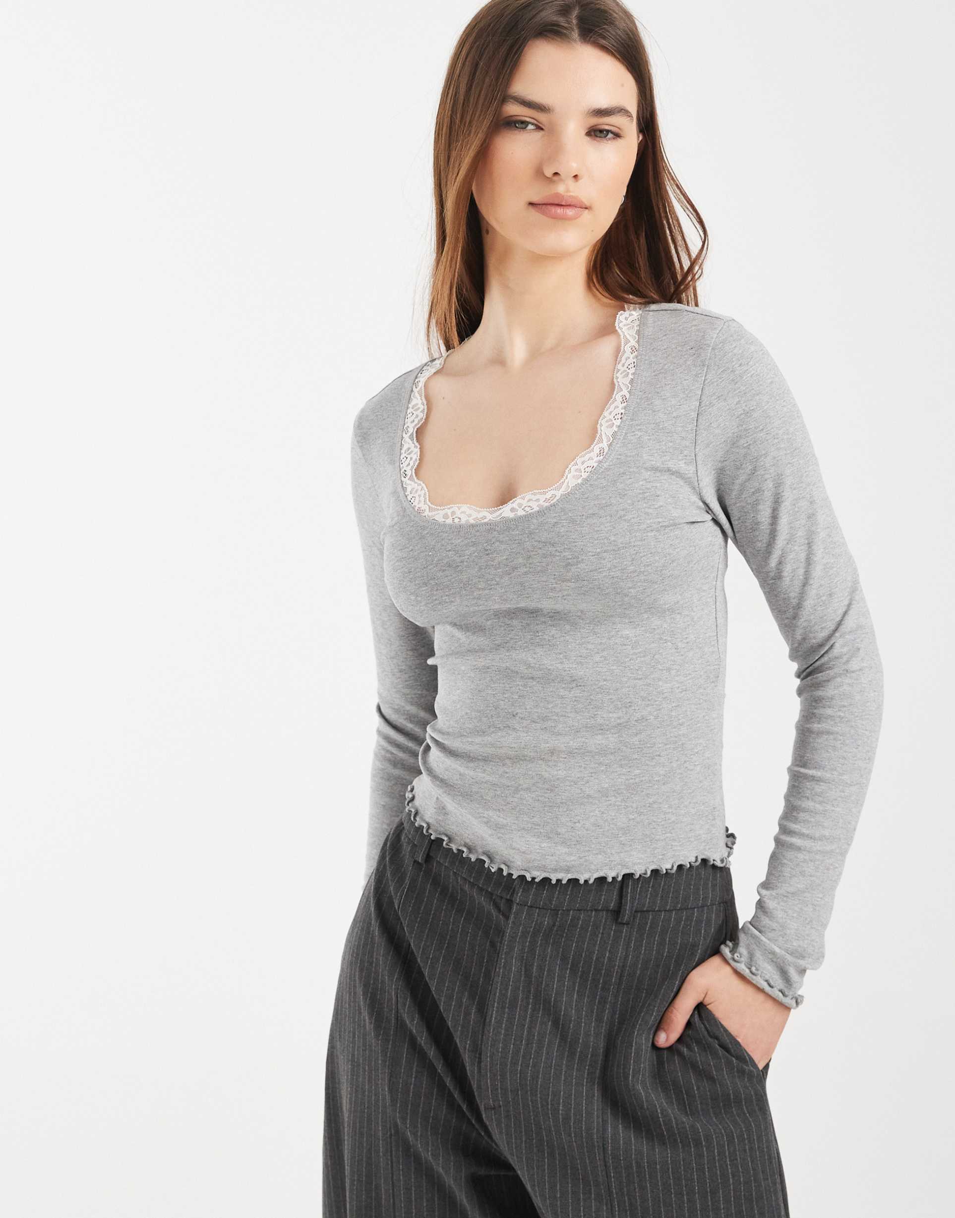 asos design scoop neck long sleeve top with contrast lace in gray heather