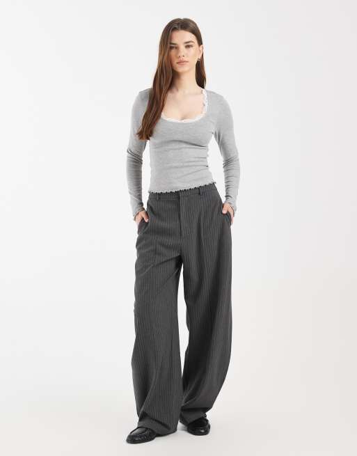 ASOS DESIGN scoop neck long sleeve top with contrast lace in gray heather, 2 of 4