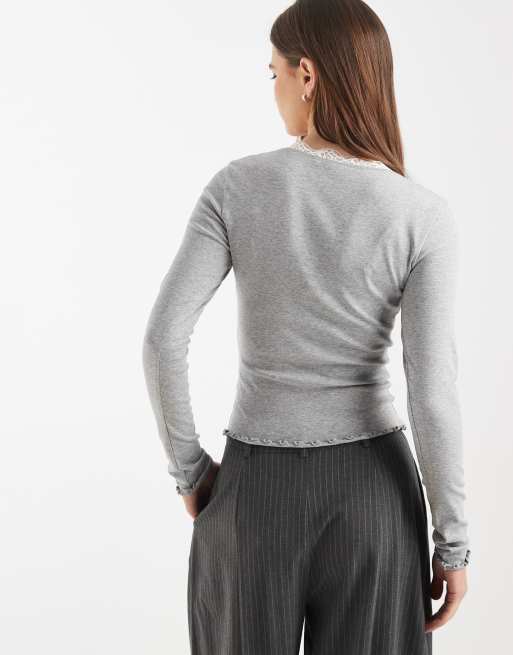 ASOS DESIGN scoop neck long sleeve top with contrast lace in gray heather, 3 of 4