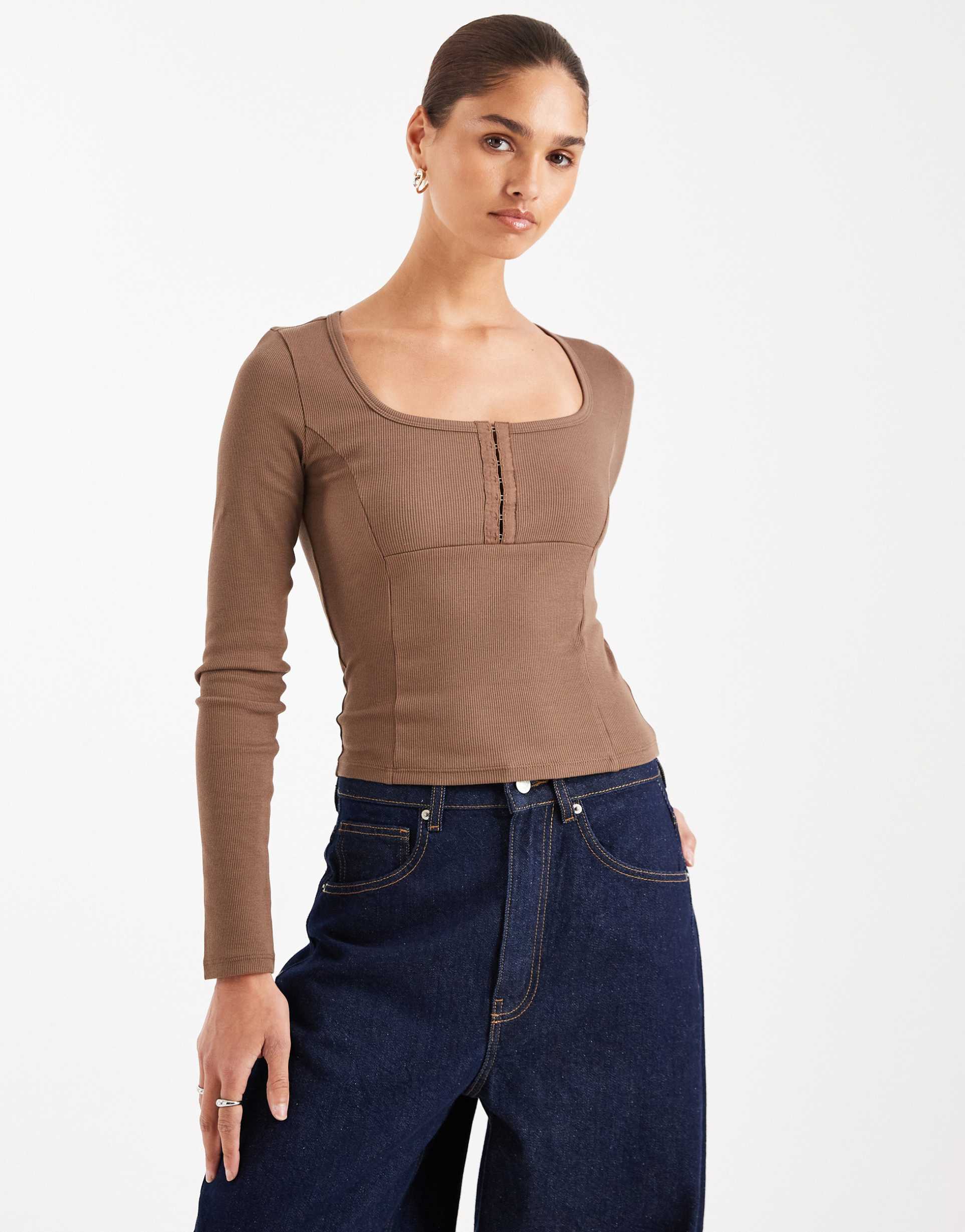 asos design scoop neck long sleeve top with seam detail in choc