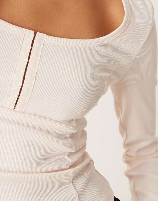 ASOS DESIGN scoop neck long sleeve top with seam detail in cream, 3 of 4