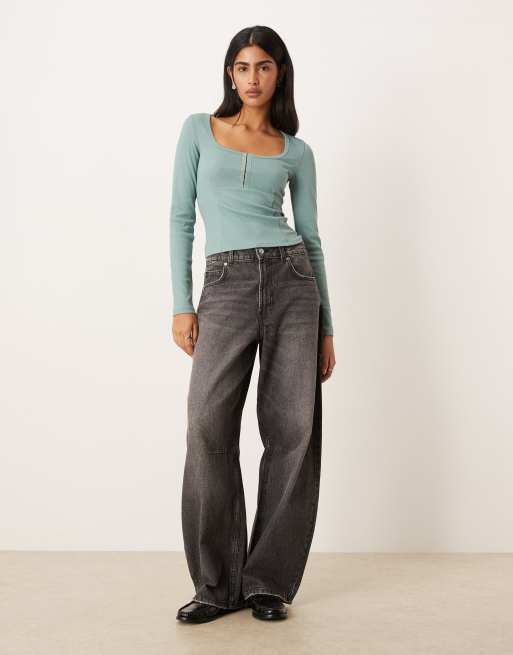 ASOS DESIGN scoop neck long sleeve top with seam detailing in sage, 2 of 4
