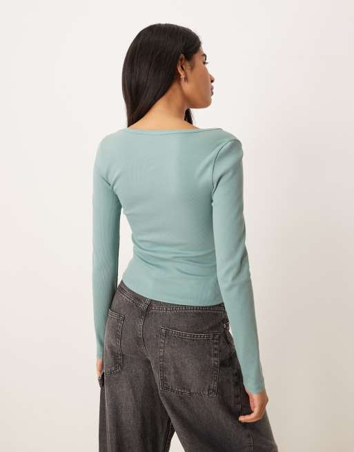 ASOS DESIGN scoop neck long sleeve top with seam detailing in sage, 4 of 4
