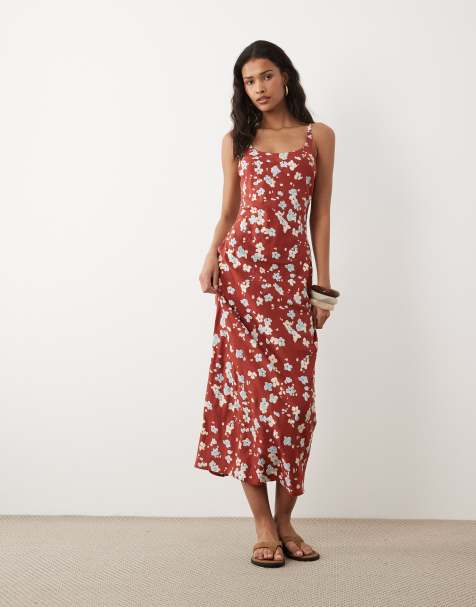 ASOS DESIGN scoop neck maxi column dress in rust floral print - view 1