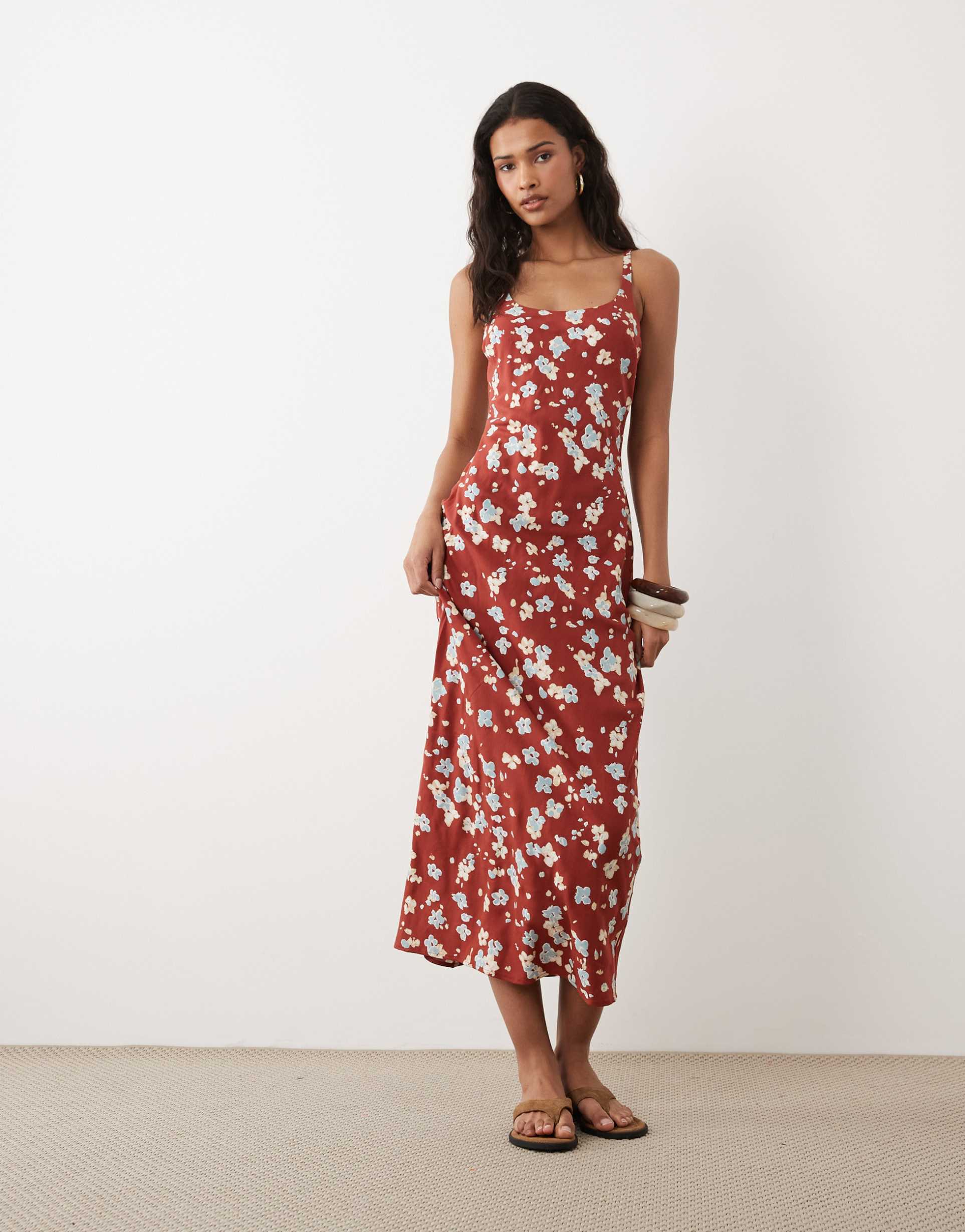 asos design scoop neck maxi column dress in rust floral print