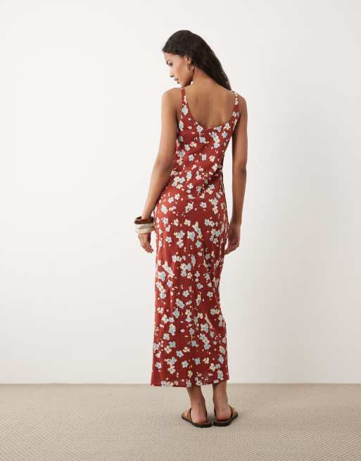 ASOS DESIGN scoop neck maxi column dress in rust floral print, 3 of 4