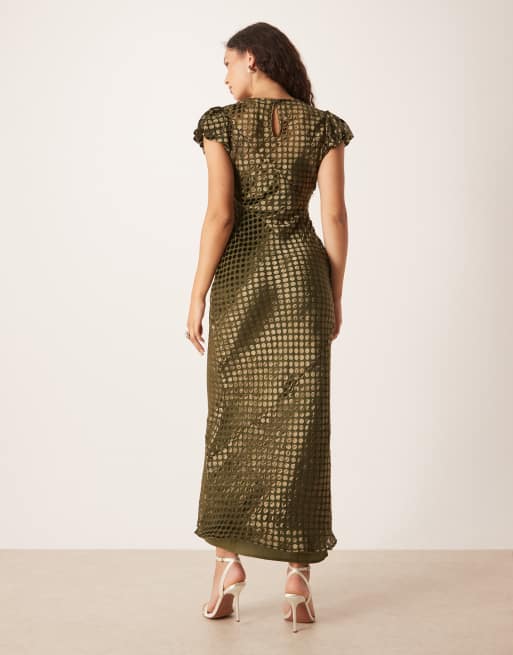 ASOS DESIGN scoop neck maxi dress with burnout velvet in olive, 3 of 4