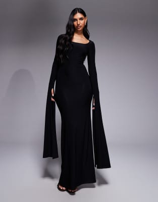 Asos Design Scoop Neck Maxi Dress With Exaggerated Drape Floor Length Sleeve Black