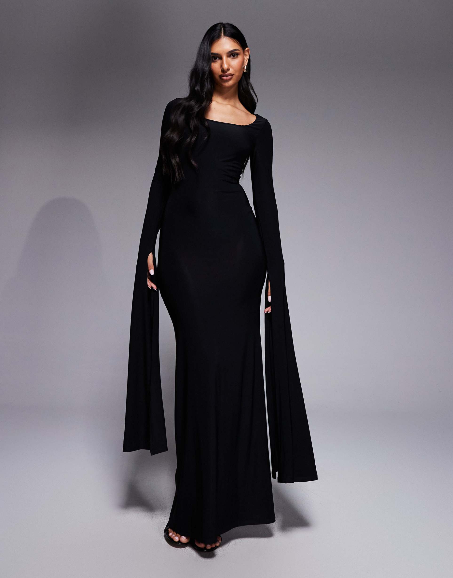 asos design scoop neck maxi dress with exaggerated drape floor length sleeve black