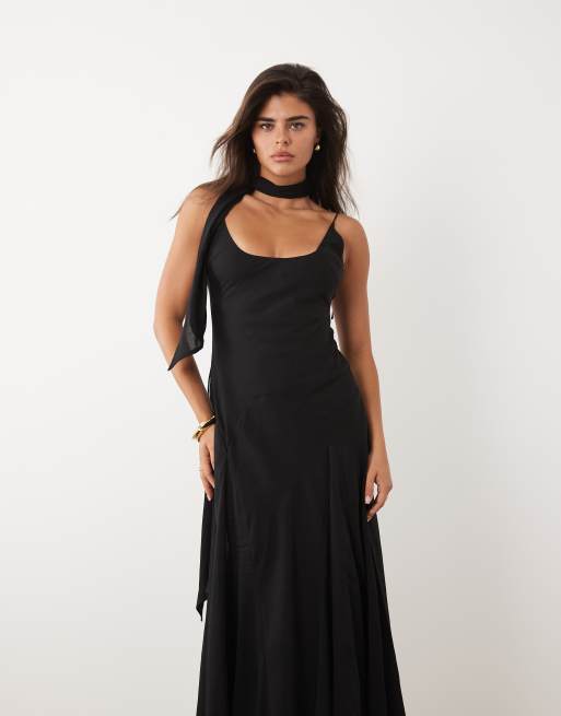 ASOS DESIGN scoop neck maxi dress with godet hem and scarf in black, 2 of 4