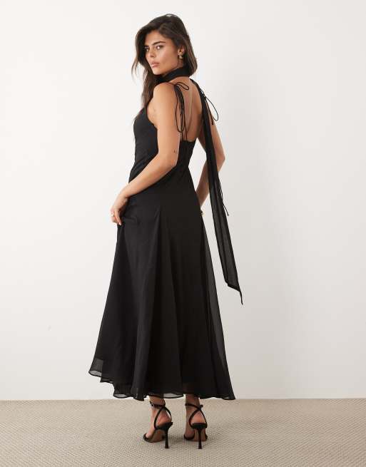 ASOS DESIGN scoop neck maxi dress with godet hem and scarf in black, 4 of 4