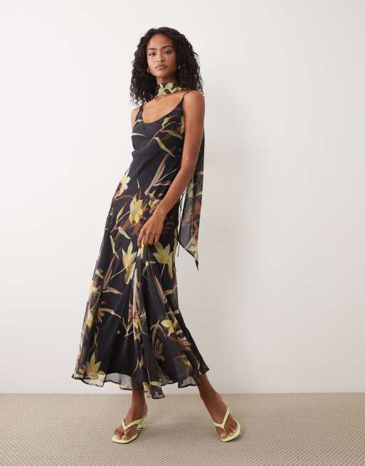 floral brown maxi dress ASOS DESIGN scoop neck with godet hem and scarf in Casanova brown