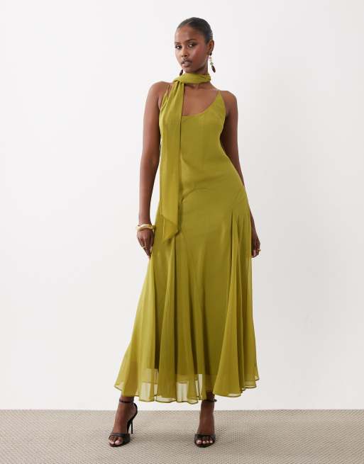 olive green dress with neck scarf Olive Warehouse Plain Scarf Detail Tie Neck Maxi Dress
