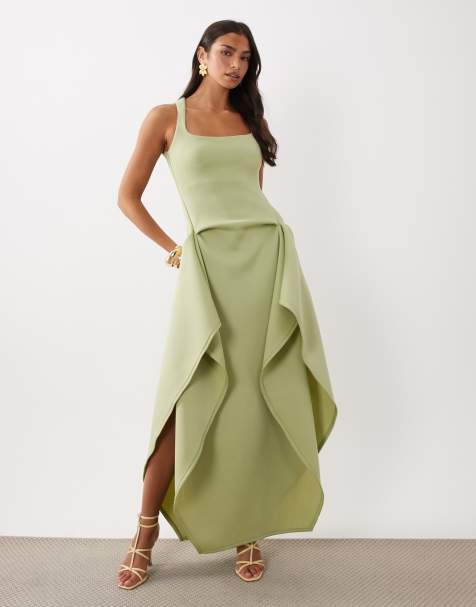 ASOS DESIGN scoop neck maxi dress with high sides in soft green scuba-style fabric - view 1