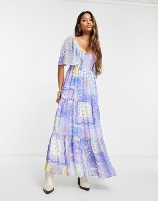 ASOS DESIGN scoop neck maxi dress with raw edge in mixed scarf print