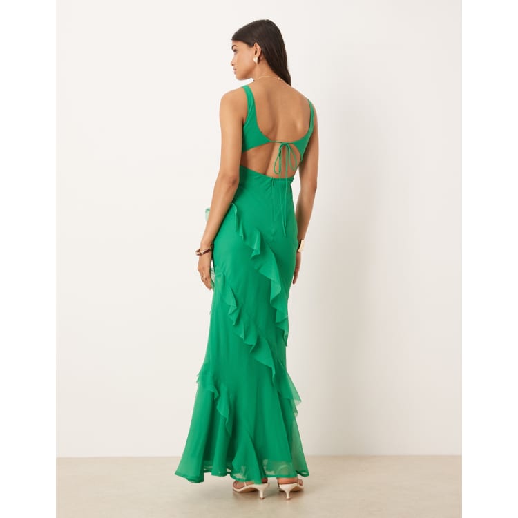 asos green frill dress DESIGN scoop neck maxi with ruffle skirt and cut out back in bright fit_regular