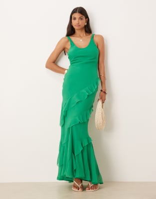 Asos Design Scoop Neck Maxi Dress With Ruffle Skirt And Cut Out Back In Green