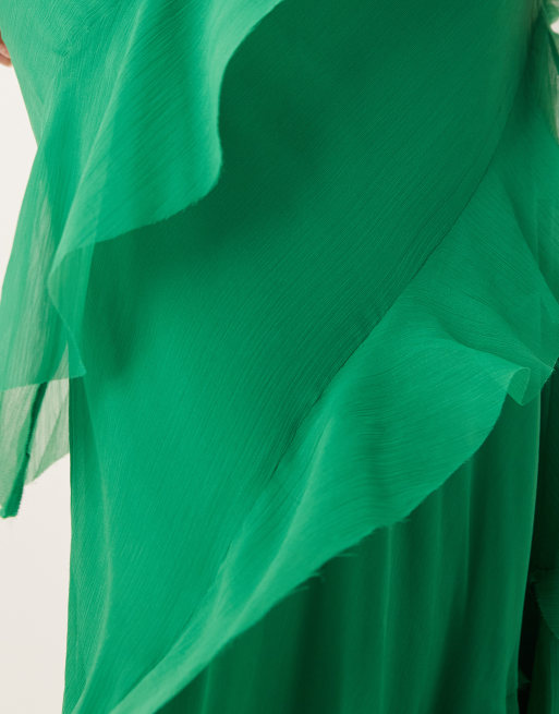 ASOS DESIGN - Vestito lungo con scollo rotondo e gonna con volant verde acceso con cut-out sul retro