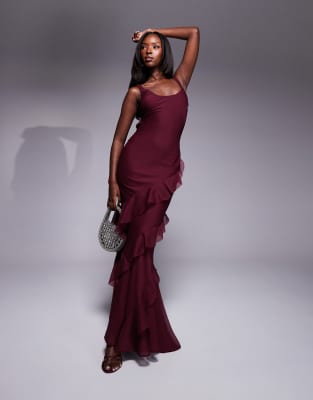 scoop neck maxi dress with ruffle skirt and cut out back in chestnut brown