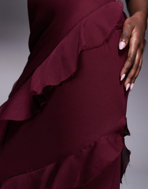ASOS DESIGN scoop neck maxi dress with ruffle skirt and cut out back in chestnut brown 