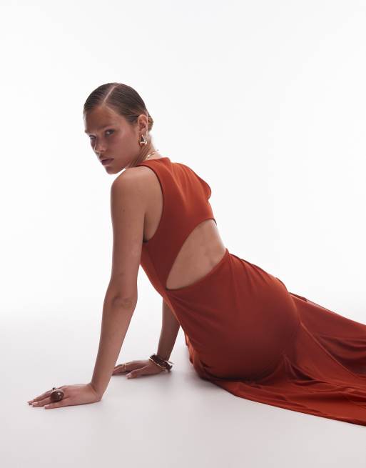 ASOS DESIGN scoop neck maxi dress with sheer godet skirt in rust, 2 of 4