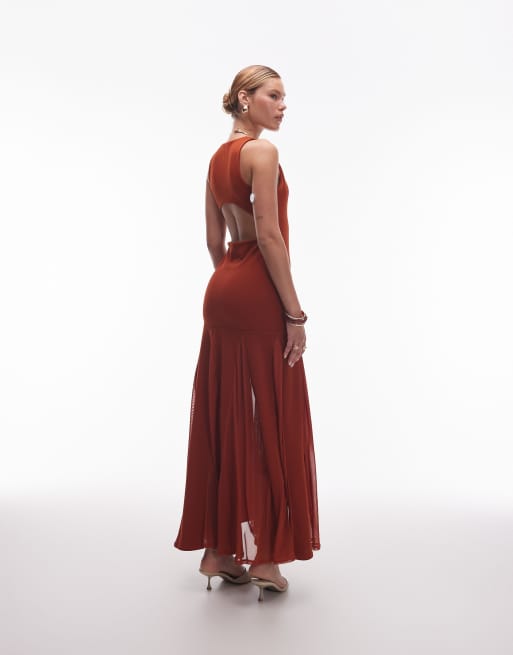 ASOS DESIGN scoop neck maxi dress with sheer godet skirt in rust, 3 of 4