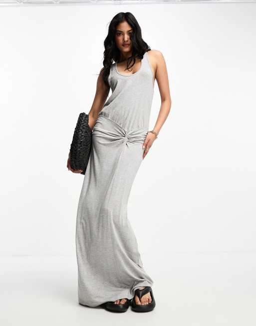 ASOS DESIGN scoop neck maxi dress with twist back and ruched skirt in grey