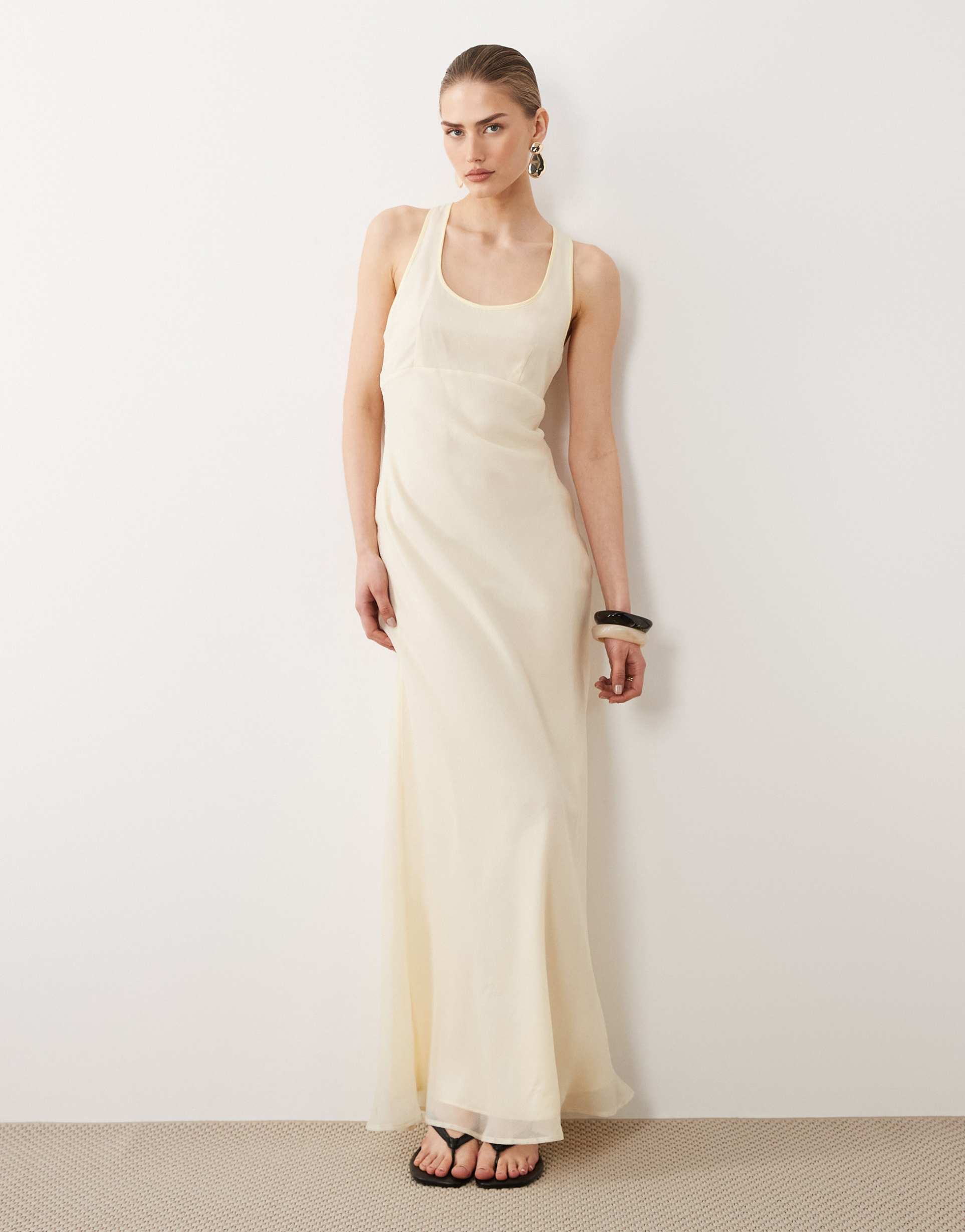 asos design scoop neck maxi slip dress with contrast trim in pale yellow