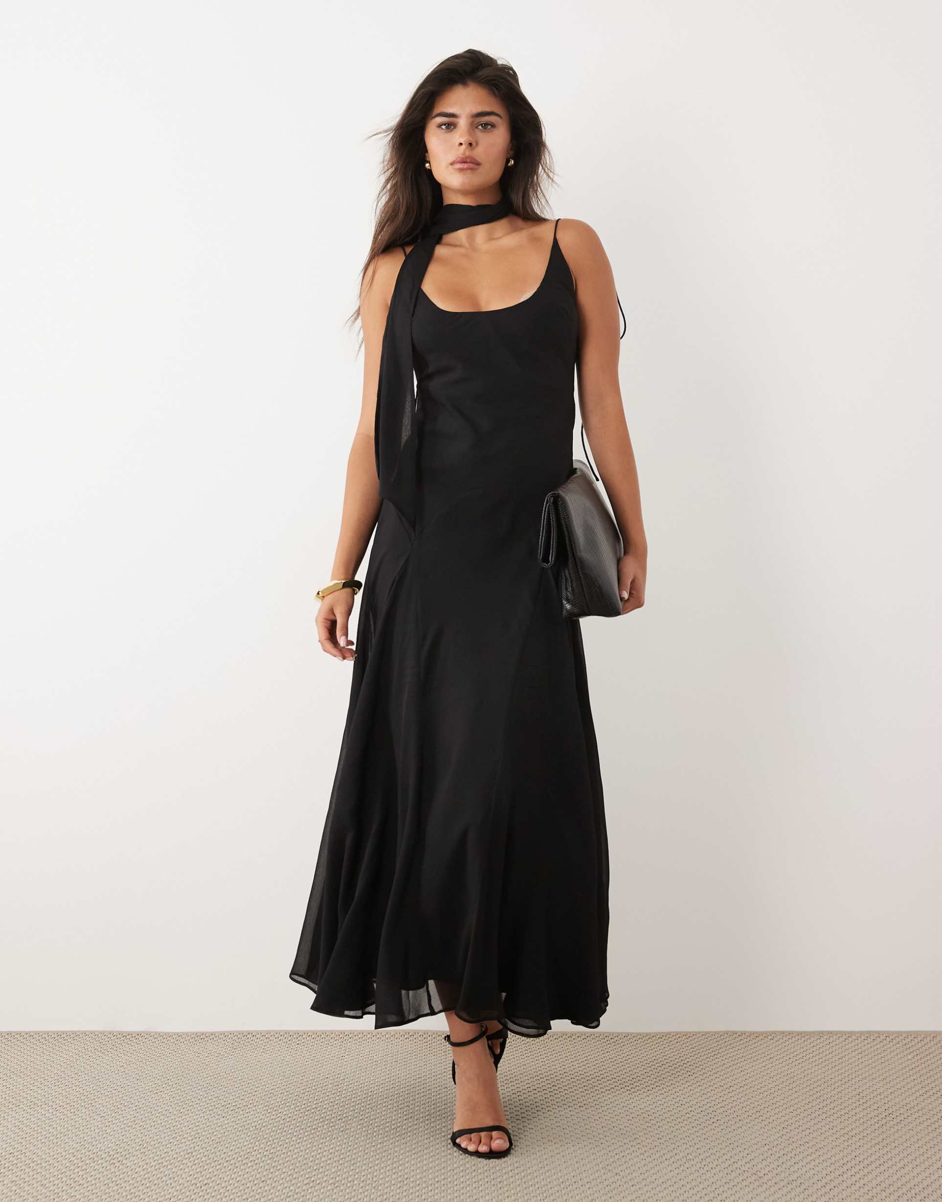 asos design scoop neck midaxi dress with godet hem and scarf in black