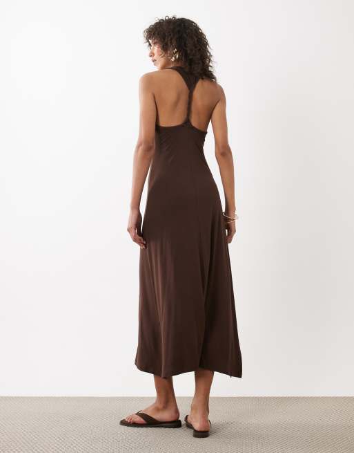 ASOS DESIGN scoop neck midaxi dress with twisted open back detail in chocolate, 3 of 4
