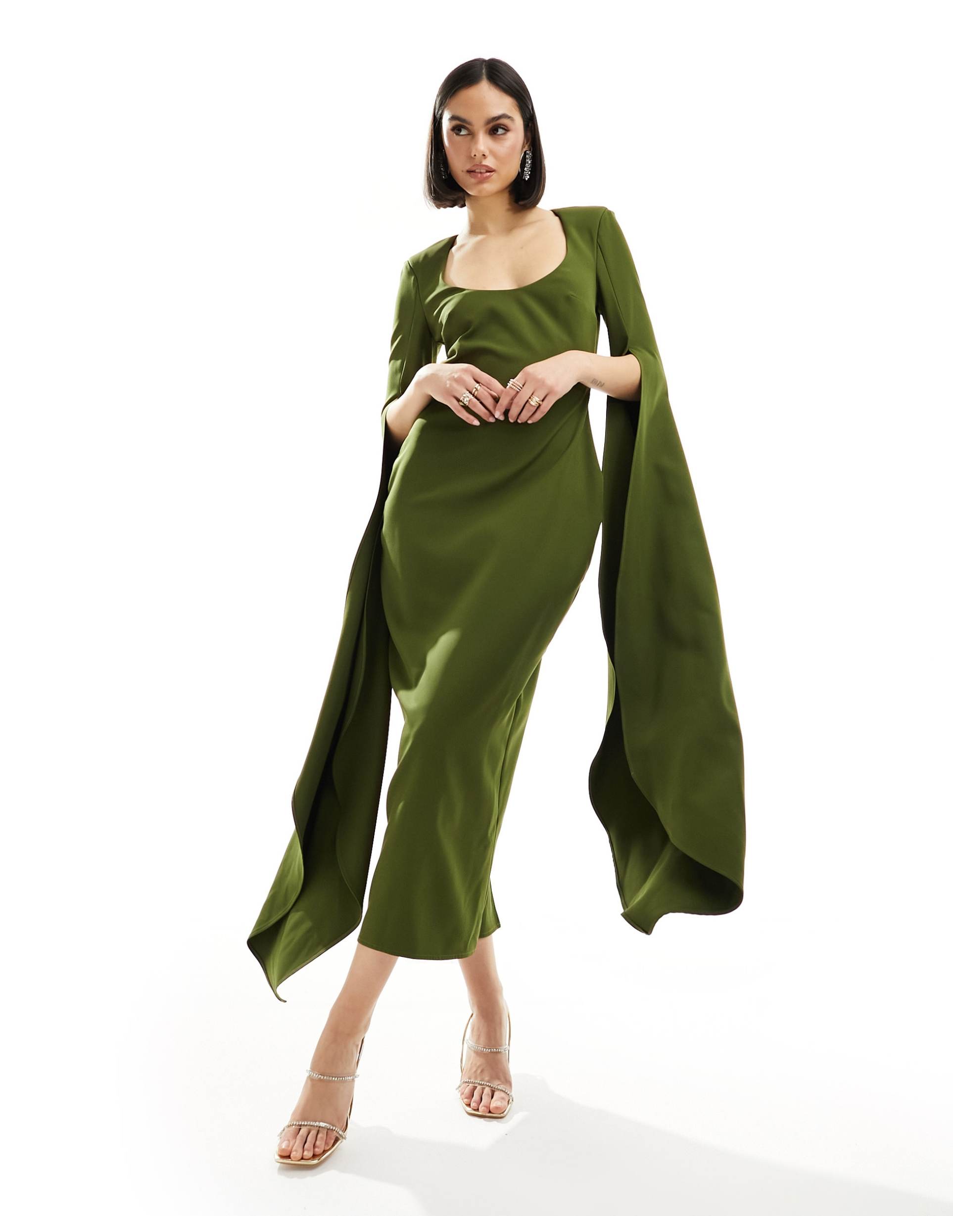 asos design scoop neck midi dress with extreme sleeve in green