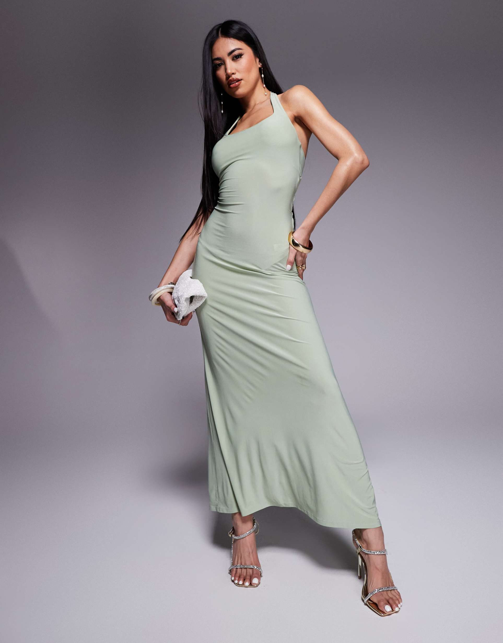 asos design scoop neck midi dress with lace up back detail in green