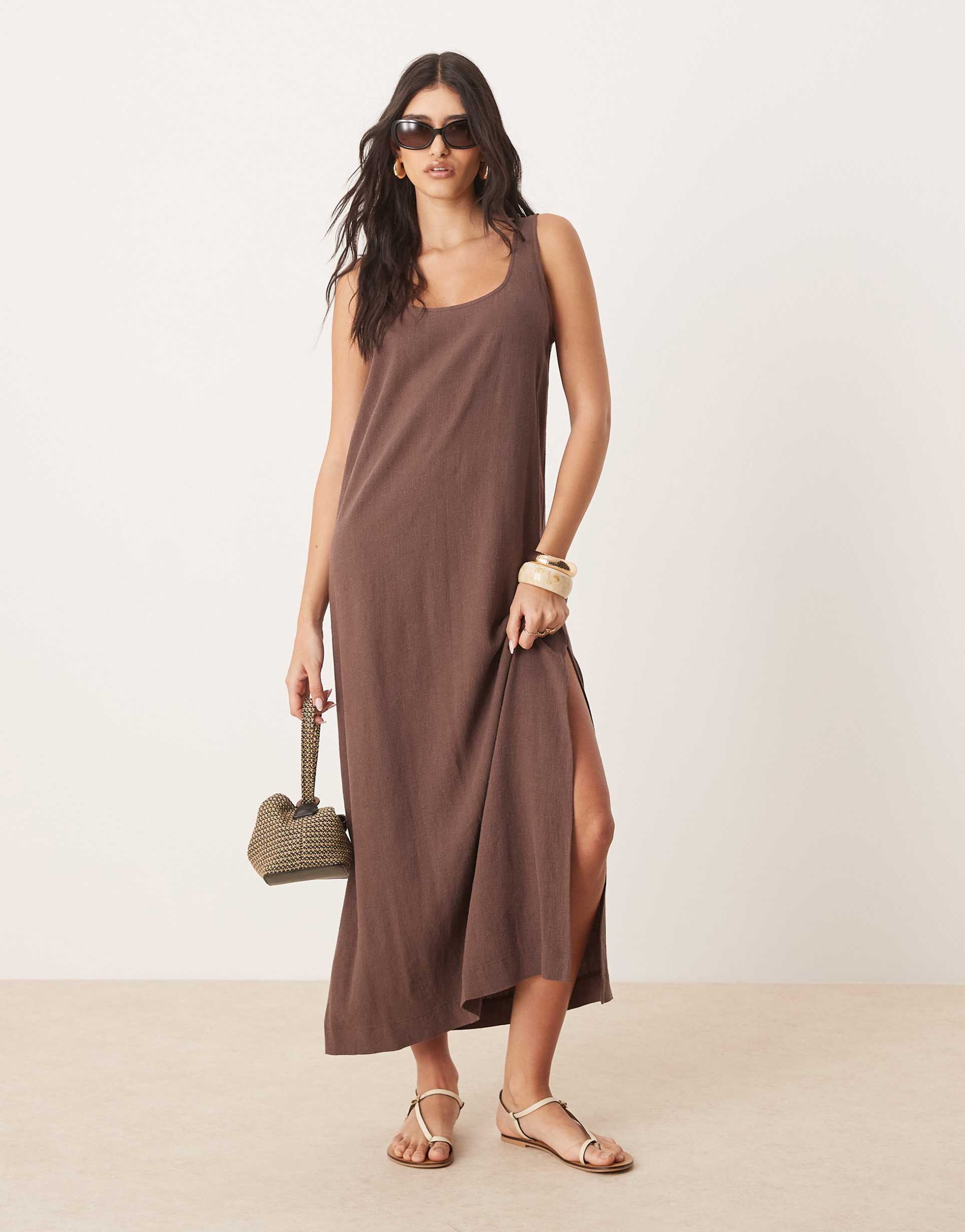 asos design scoop neck midi dress with linen in bitter chocolate