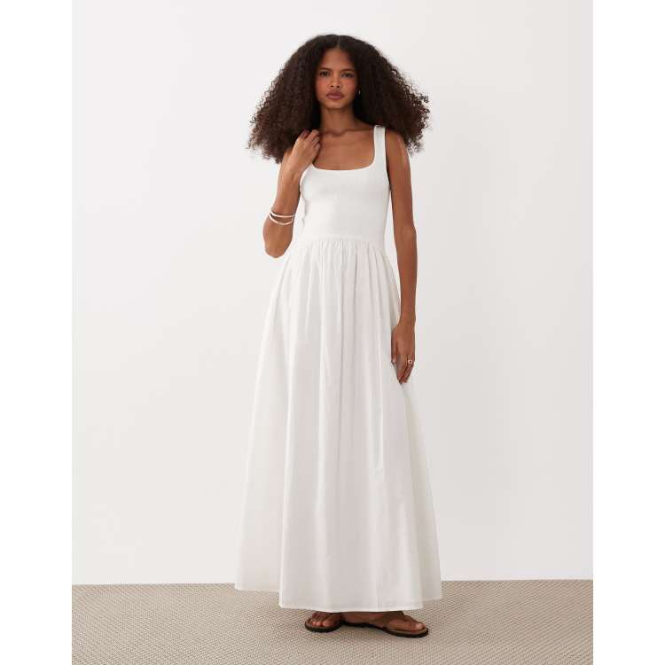 ASOS DESIGN scoop neck midi dress with ribbed bodice and poplin skirt in  white | ASOS
