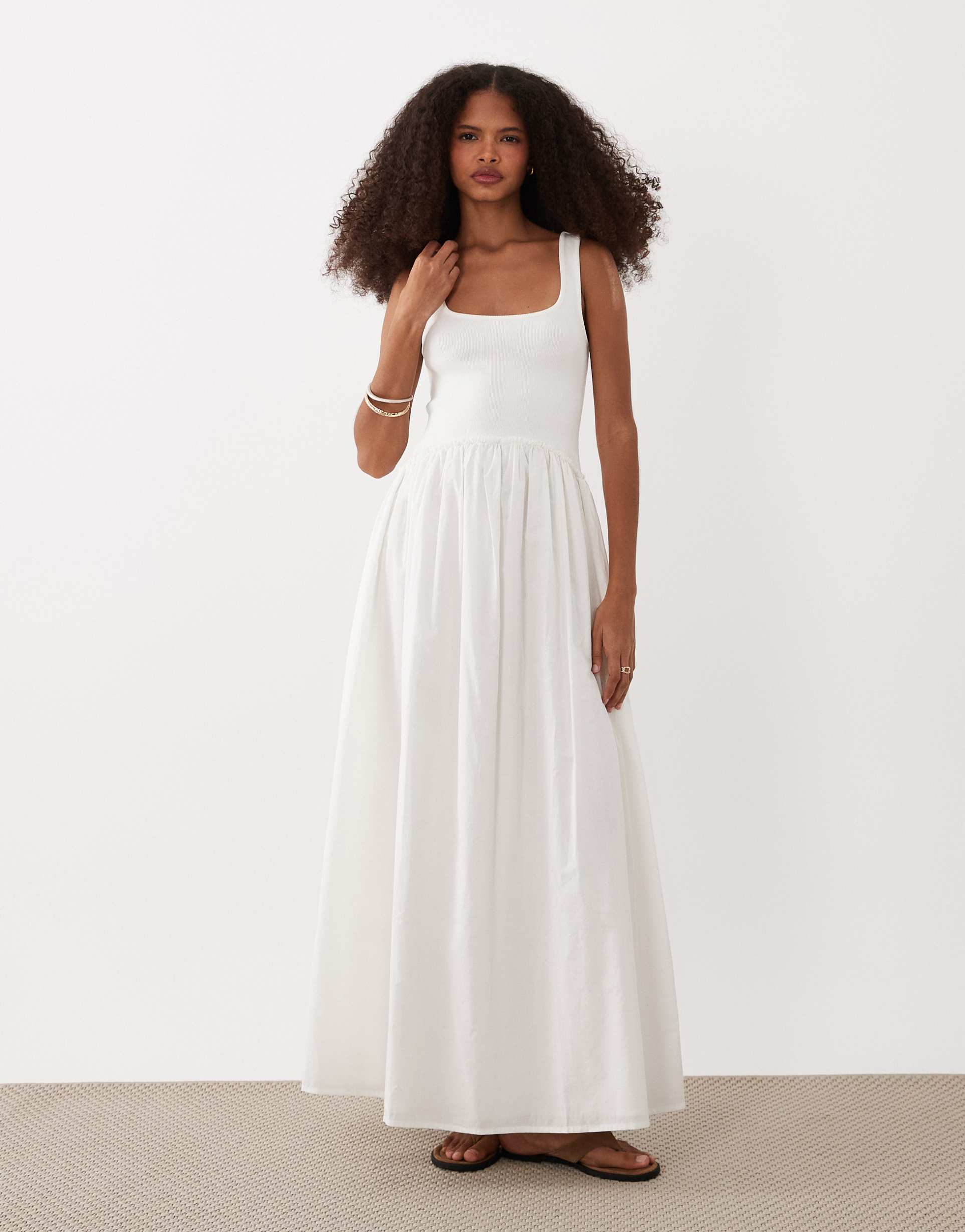 asos design scoop neck midi dress with ribbed bodice and poplin skirt in white