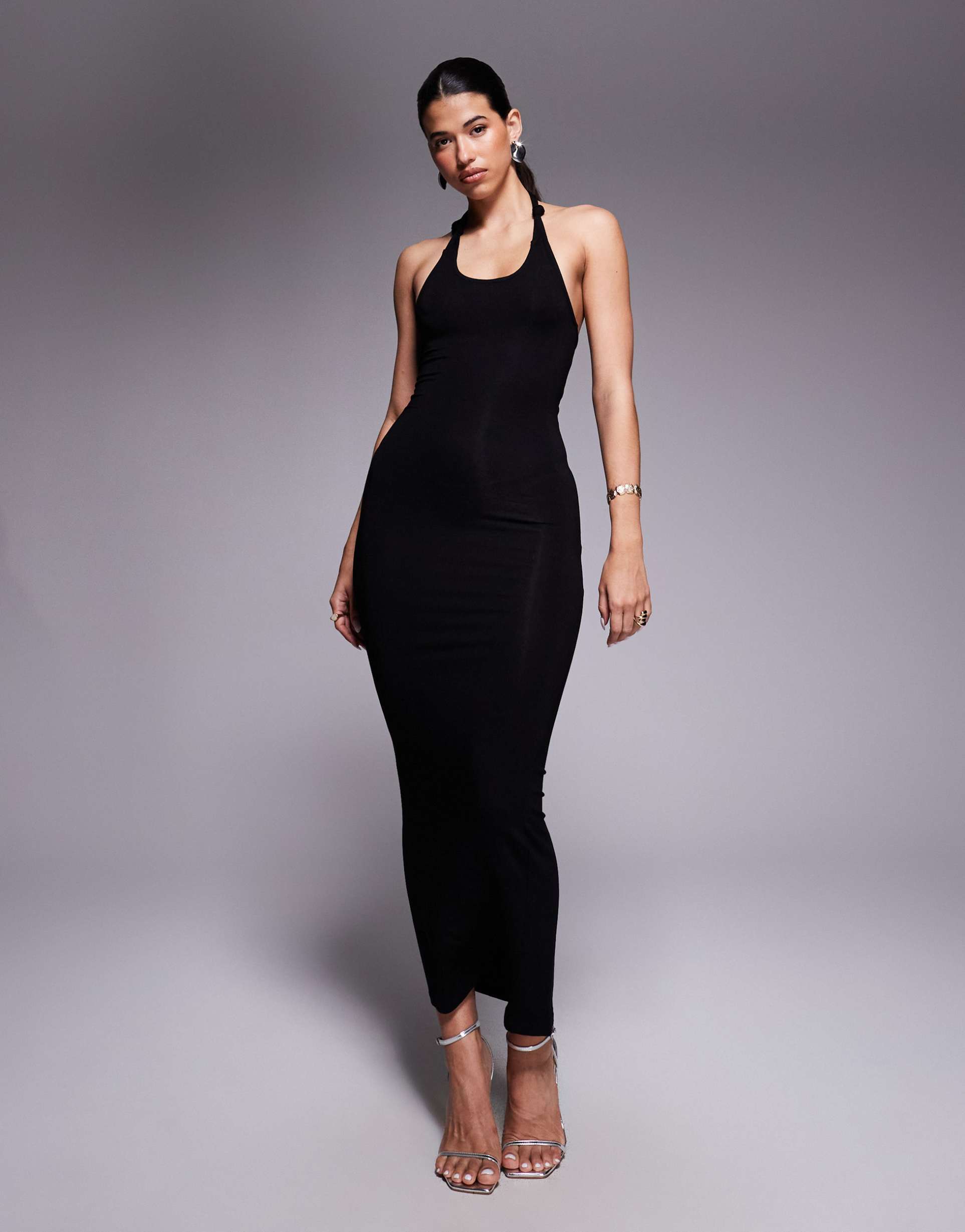 asos design scoop neck midi dress with ruched bum back in black
