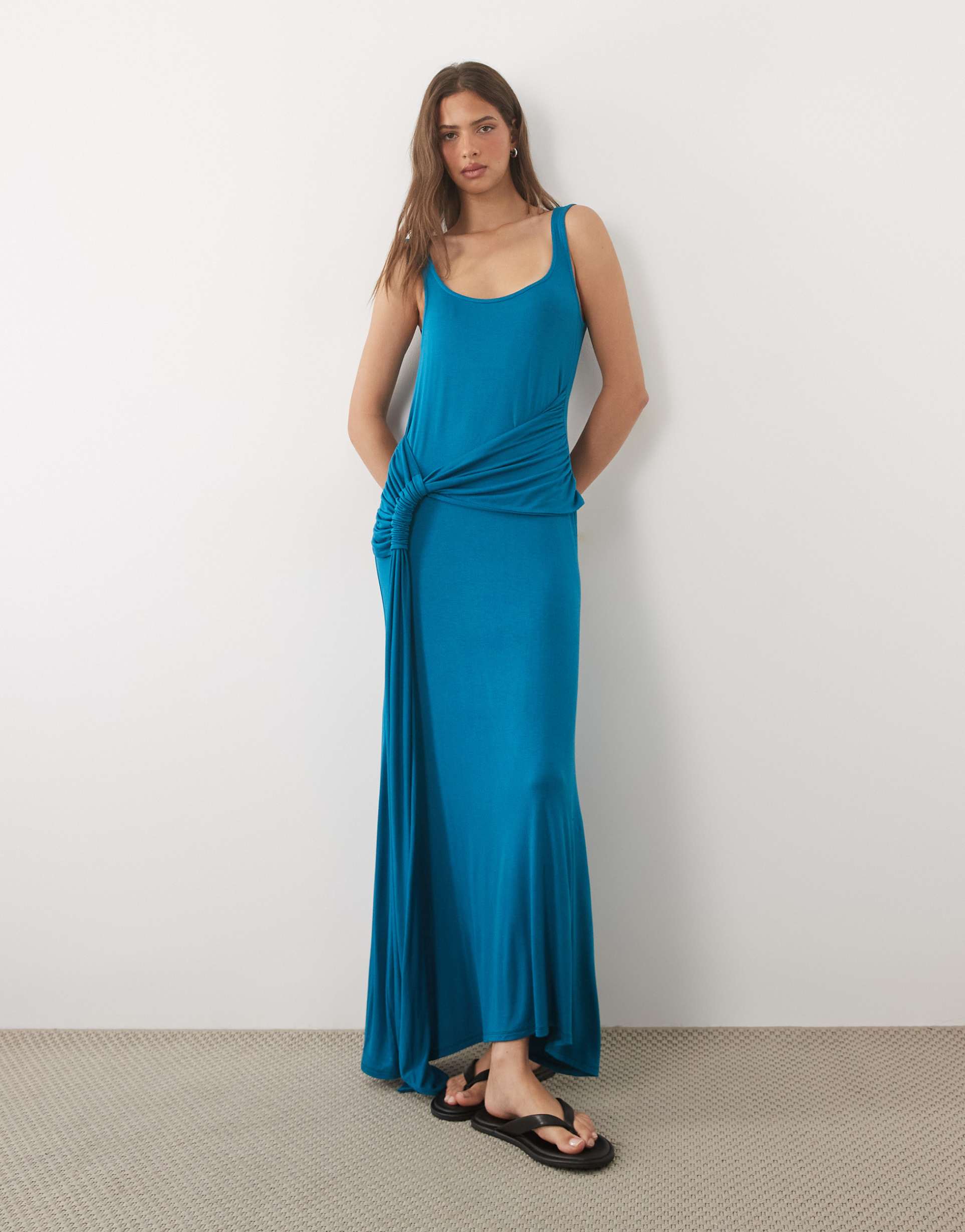 asos design scoop neck midi dress with ruched tie detail in blue