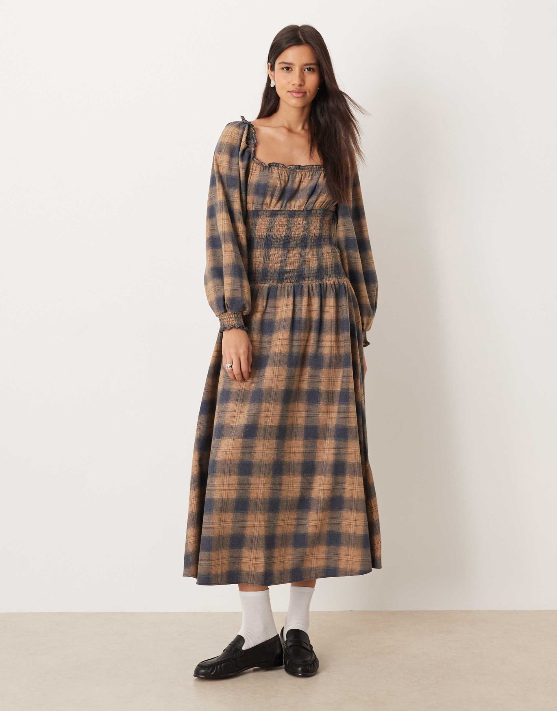 asos design scoop neck midi dress with shirred bodice in black and tan plaid