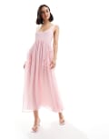 [ASOS DESIGN] ASOS DESIGN scoop neck midi dress with shirring and channel details in baby pink 10 Baby pink