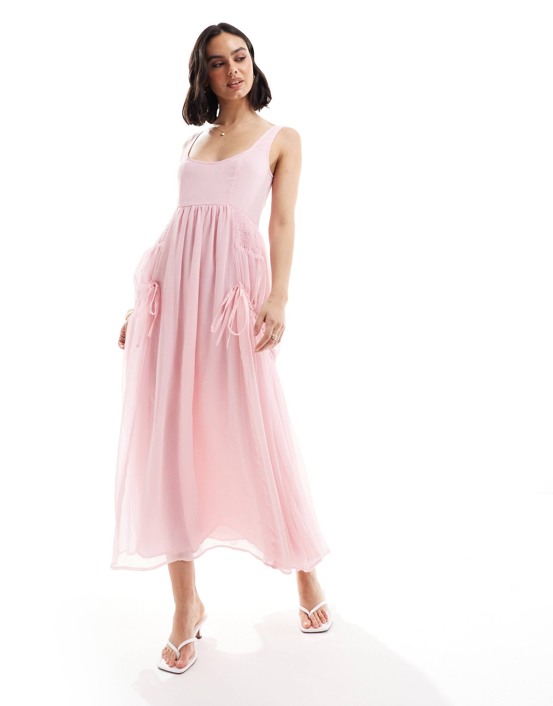 asos design scoop neck midi dress with shirring and channel details in baby pink