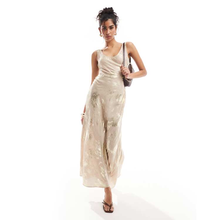 asos gold satin dress ASOS DESIGN scoop neck midi satin slip dress in gold