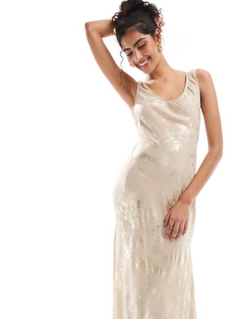 ASOS DESIGN scoop neck midi satin slip dress in gold | ASOS