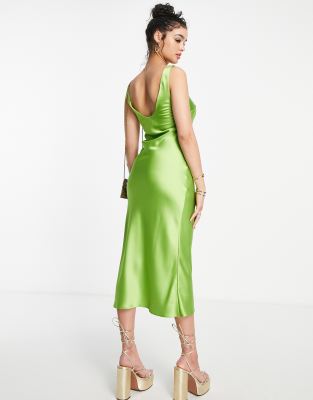 midi satin slip dress with spaghetti straps