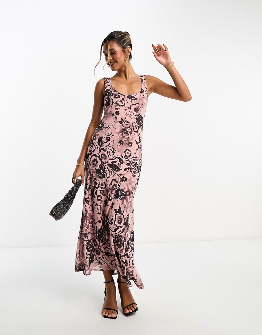 ASOS DESIGN scoop neck midi slip dress in pink floral print-Multi
