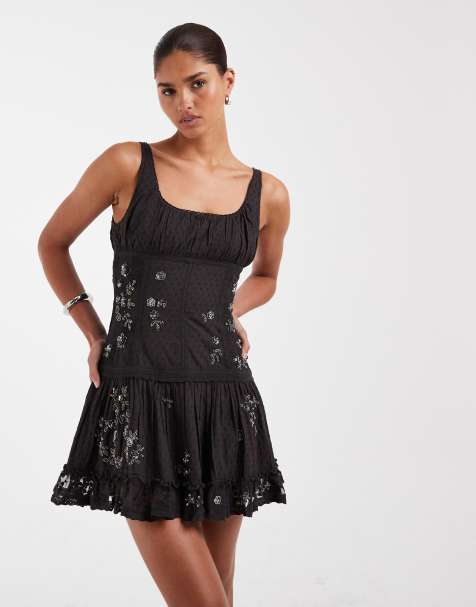 ASOS DESIGN scoop neck mini dress with sheer lace panels and floral embellishment in washed charcoal - view 1