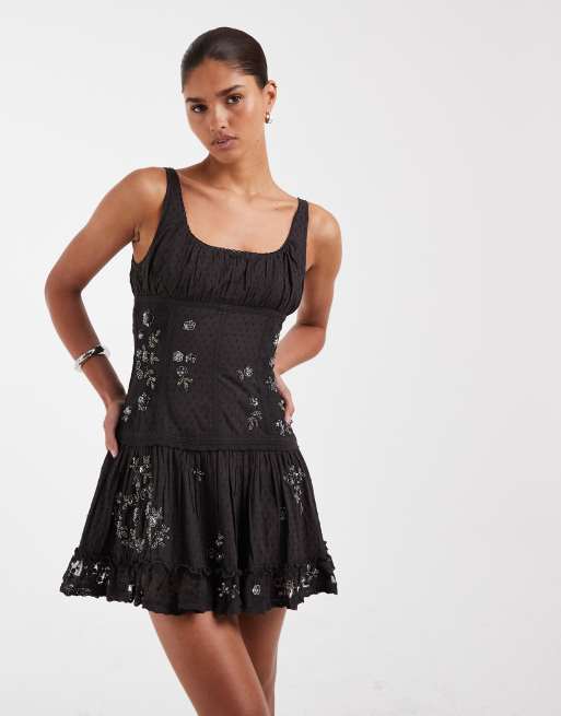 ASOS DESIGN scoop neck mini dress with sheer lace panels and floral  embellishment in washed charcoal | ASOS